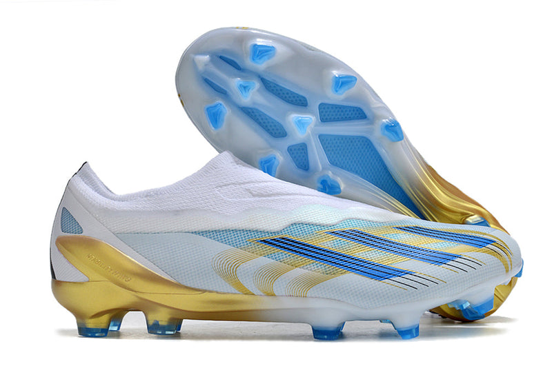 Chuteira Adidas Campo X CrazyFast .1 LL FG - Branco/Dourado/Azul