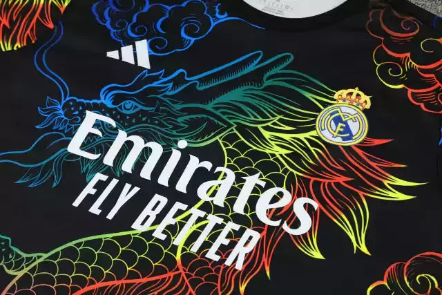 Kit Treino adulto - Camisa e Shorts - Real Madrid Adidas 24/25 - Preto com desenho de Dragão colorido