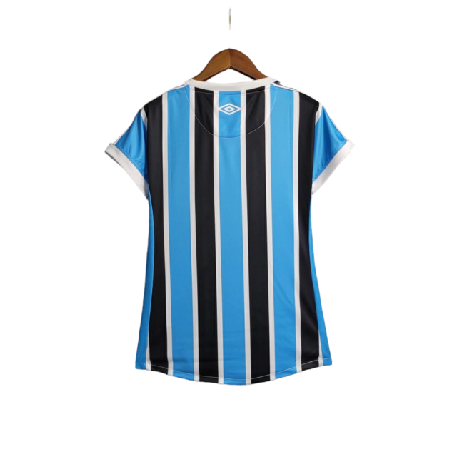 Camisa Grêmio I 23/24 -  Umbro Feminina - Azul com listras pretas e brancas