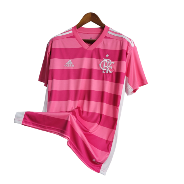 Camisa Flamengo Retrô Outubro Rosa 2022 Torcedor Masculina - Rosa em 2 tons e o simbolo em branco