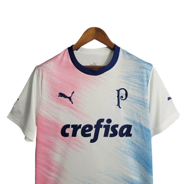 Camisa Palmeiras - Torcedor Puma Masculina - Branca com detalhes em azul e rosa