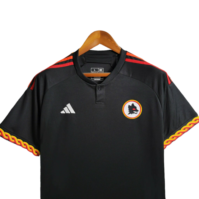 Camisa Roma III 23/24 - Torcedor Adidas Masculina - Preta com detalhes em vermelho e amarelo