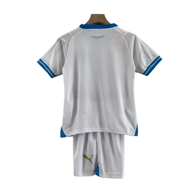 Kit Infantil Olympique Marseille I 23/24 Puma - Branco com detalhes em azul e dourado
