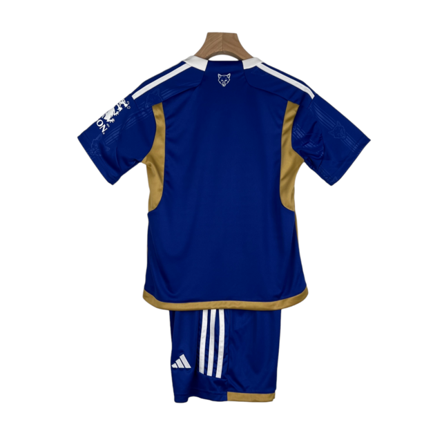 Kit Infantil Leicester Adidas I Adidas 23/24 - Azul com detalhes em branco e dourado