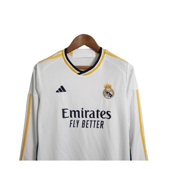 Kit Infantil Real Madrid I manga longa 23/24 - Adidas - Branco com detalhes em preto e amarelo