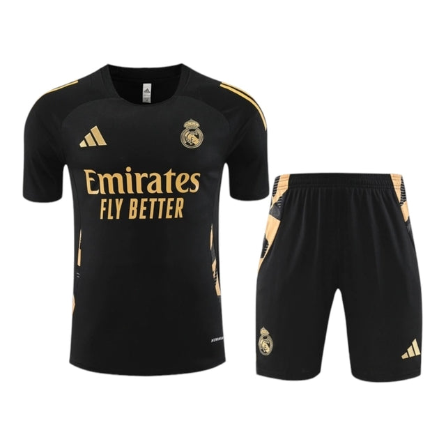 Kit Treino adulto - Camisa e Shorts - Real Madrid Adidas 24/25 - Preto com detalhes em dourado