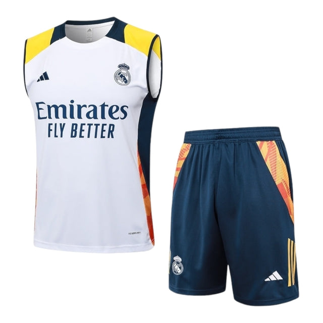 Kit Treino adulto - Camisa e Shorts - Real Madrid Adidas 24/25 - Branco e azul com detalhes em laranja e amarelo