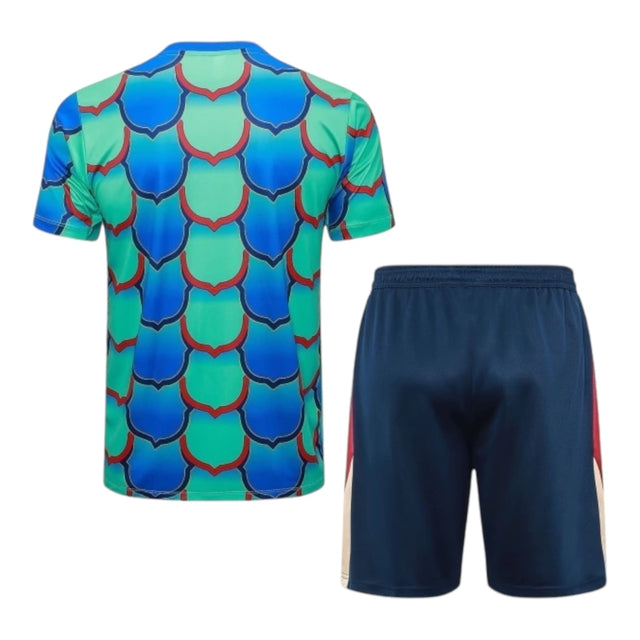 Kit Treino adulto - Camisa e Shorts - Barcelona Nike Edição especial 24/25 - Verde e azul com detalhes em vermelho