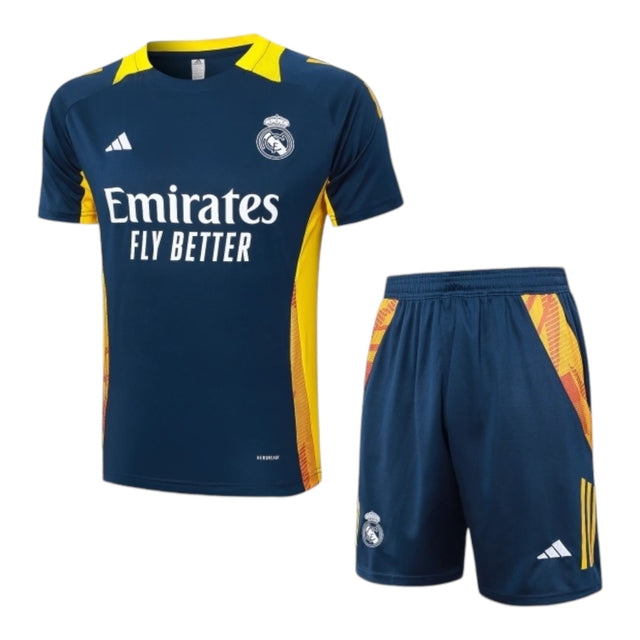 Kit Treino adulto - Camisa e Shorts - Real Madrid Adidas 24/25 - Azul com detalhes em laranja e amarelo