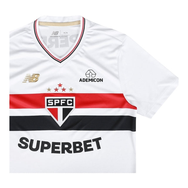 Camisa São Paulo I 25/26 -  New Balance Feminina - Branca com detalhes em vermelho e preto