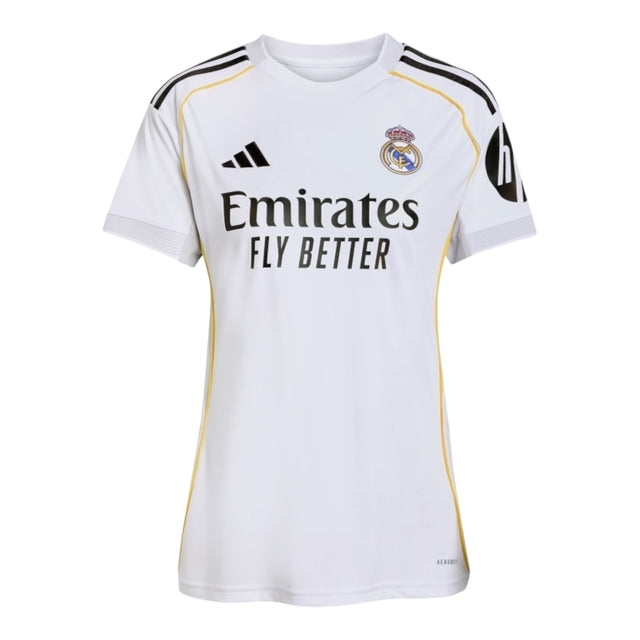 Camisa Real de Madrid I 25/26 -  Adidas Feminina - Branca com detalhes em cinza e amarelo