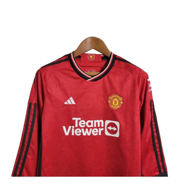 Kit Infantil Manchester United I manga longa 23/24 - Adidas - Vermelho com detalhes em preto