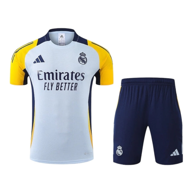 Kit Treino adulto - Camisa e Shorts - Real Madrid Adidas 24/25 - Azul com detalhes em amarelo