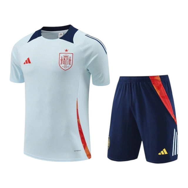 Kit Treino adulto - Camisa e Shorts - Seleção Espanha Adidas 24/25 - Azul com detalhes em vermelho e laranja