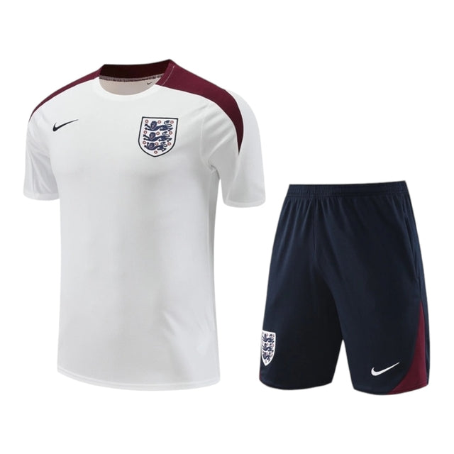Kit Treino adulto - Camisa e Shorts - Seleção Inglaterra Nike 24/25 - Branco e azul com detalhes vinho