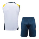 Kit Treino adulto - Camisa e Shorts - Real Madrid Adidas 24/25 - Branco e azul com detalhes em laranja e amarelo