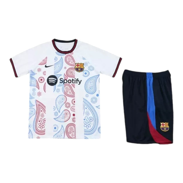 Kit Treino adulto - Camisa e Shorts - Barcelona Nike 24/25 - Branco e azul com detalhes em vermelho