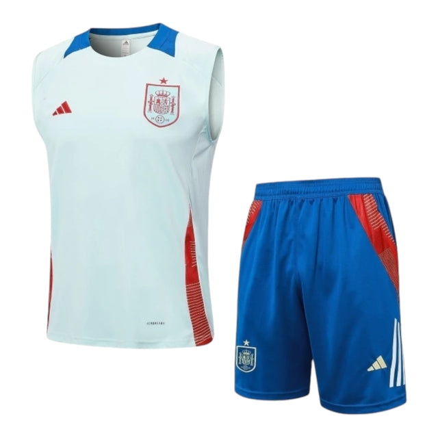 Kit Treino adulto - Camisa e Shorts - Seleção Espanha Adidas 24/25 - Azul com detalhes em vermelho e branco