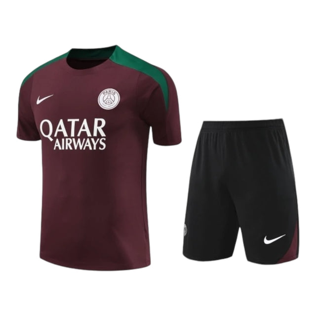 Kit Treino adulto - Camisa e Shorts - Paris Saint-Germain Nike 24/25 - Vinho e preto com detalhes em verde