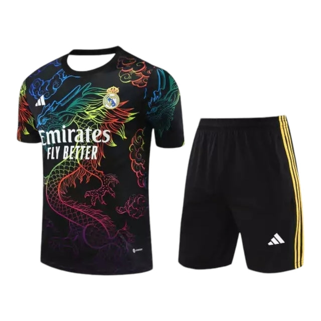 Kit Treino adulto - Camisa e Shorts - Real Madrid Adidas 24/25 - Preto com desenho de Dragão colorido
