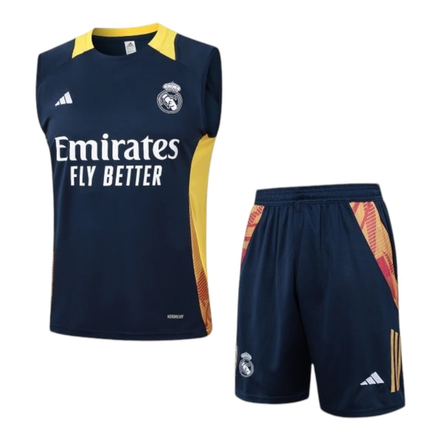 Kit Treino adulto - Camisa e Shorts - Real Madrid Adidas 24/25 - Azul com detalhes em laranja e amarelo