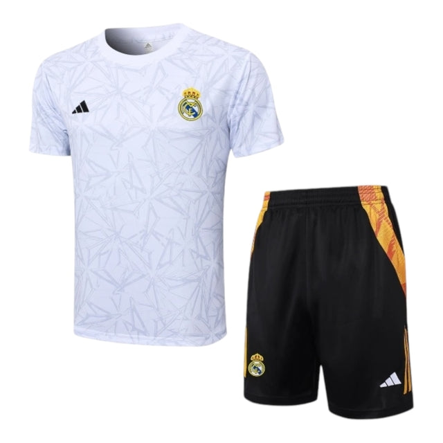 Kit Treino adulto - Camisa e Shorts - Real Madrid Adidas 24/25 - Branco com detalhes em cinza e laranja e amarelo