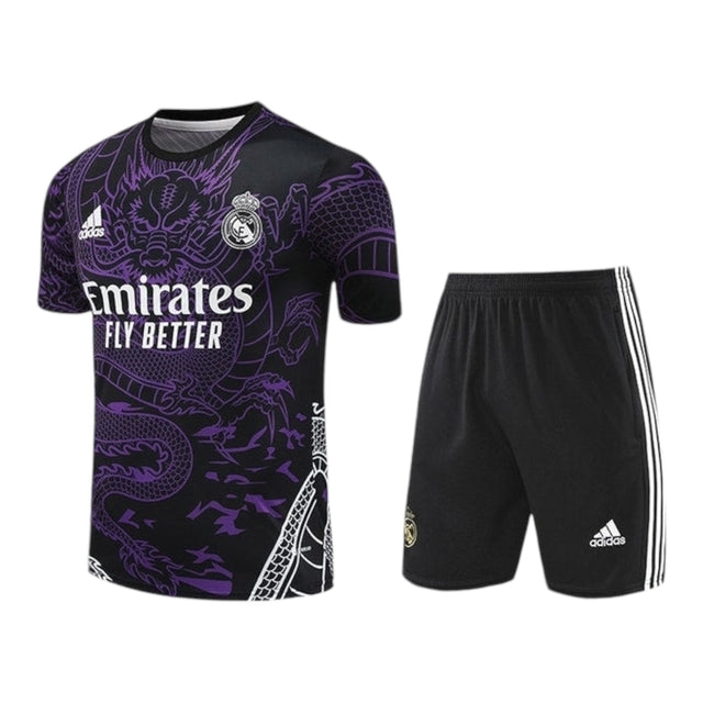 Kit Treino adulto - Camisa e Shorts - Real Madrid Ano do Dragão Adidas 24/25 - Branco com detalhes em roxo e branco