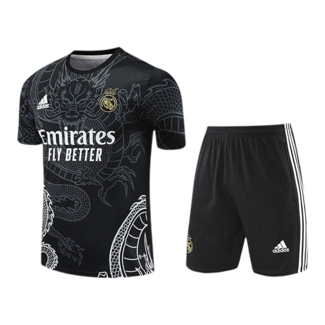 Kit Treino adulto - Camisa e Shorts - Real Madrid Ano do Dragão Adidas 24/25 - Preto com detalhes em cinza e branco