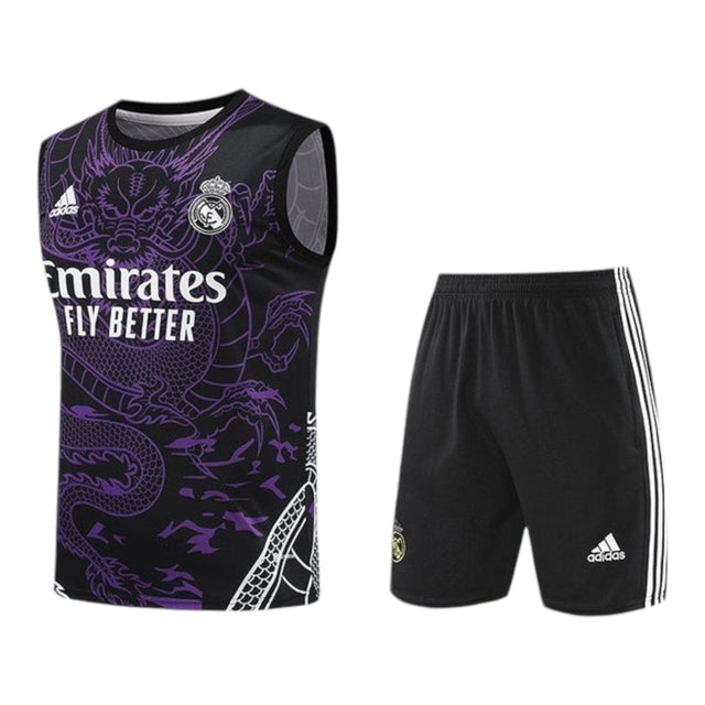 Kit Treino adulto - Camisa e Shorts - Real Madrid Ano do Dragão Adidas 24/25 - Branco com detalhes em roxo e branco