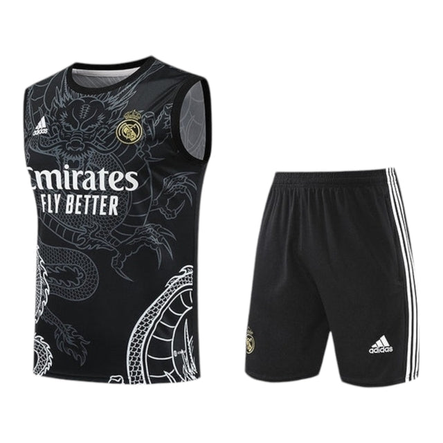 Kit Treino adulto - Camisa e Shorts - Real Madrid Ano do Dragão Adidas 24/25 - Preto com detalhes em cinza e branco