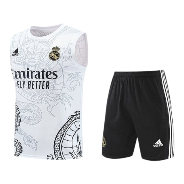 Kit Treino adulto - Camisa e Shorts - Real Madrid Ano do Dragão Adidas 24/25 - Branco e preto com detalhes em cinza