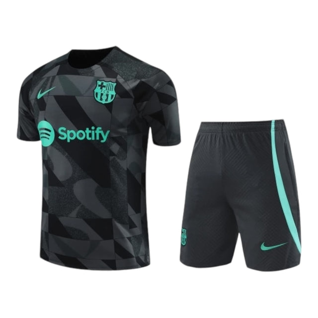 Kit Treino adulto - Camisa e Shorts - Barcelona Nike 23/24 - Cinza com detalhes em verde