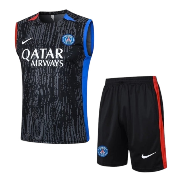 Kit Treino adulto - Camisa e Shorts - Paris Saint-Germain Nike 23/24 - Preto com detalhes em azul e vermelho