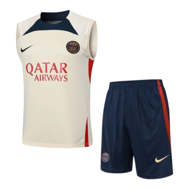 Kit Treino adulto - Camisa e Shorts - Paris Saint-Germain Nike 23/24 - Bege e azul