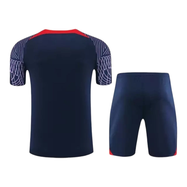 Kit Treino adulto - Camisa e Shorts - Paris Saint-Germain Nike 23/24 - Azul com detalhes em vermelho