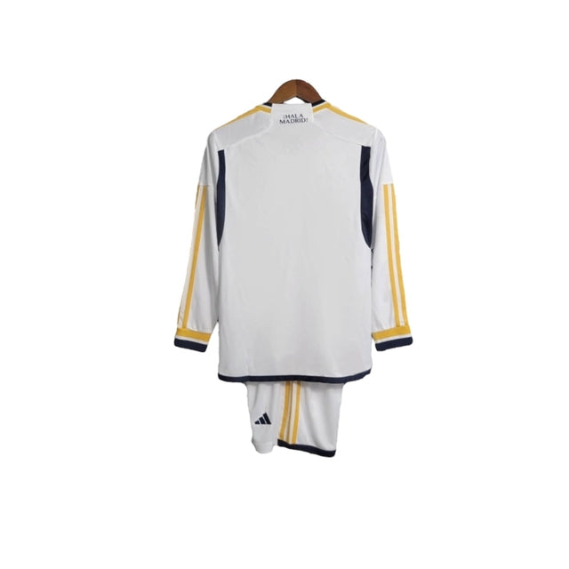 Kit Infantil Real Madrid I manga longa 23/24 - Adidas - Branco com detalhes em preto e amarelo