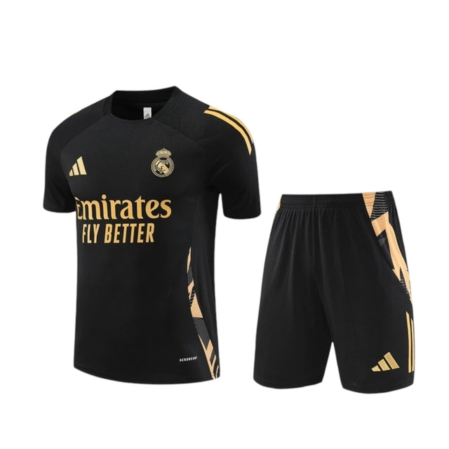 Kit Treino adulto - Camisa e Shorts - Real Madrid Adidas 24/25 - Preto com detalhes em dourado