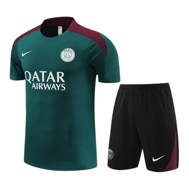 Kit Treino adulto - Camisa e Shorts - Paris Saint-Germain Nike 24/25 - Verde e preto com detalhes em vinho
