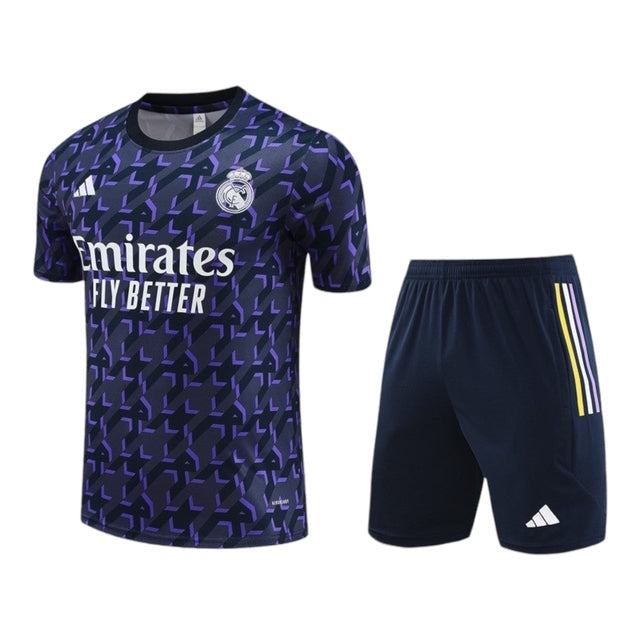 Kit Treino adulto - Camisa e Shorts - Real Madrid Adidas 24/25 - Azul com detalhes em roxo