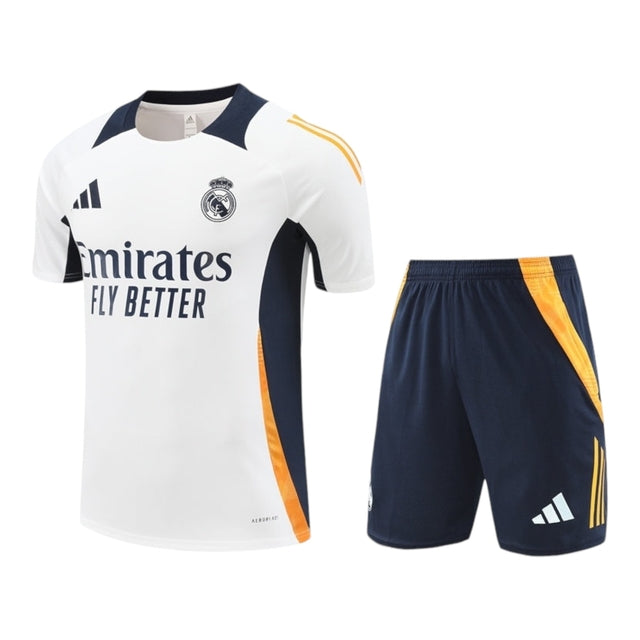 Kit Treino adulto - Camisa e Shorts - Real Madrid Adidas 24/25 - Branco e azul com detalhes em amarelo
