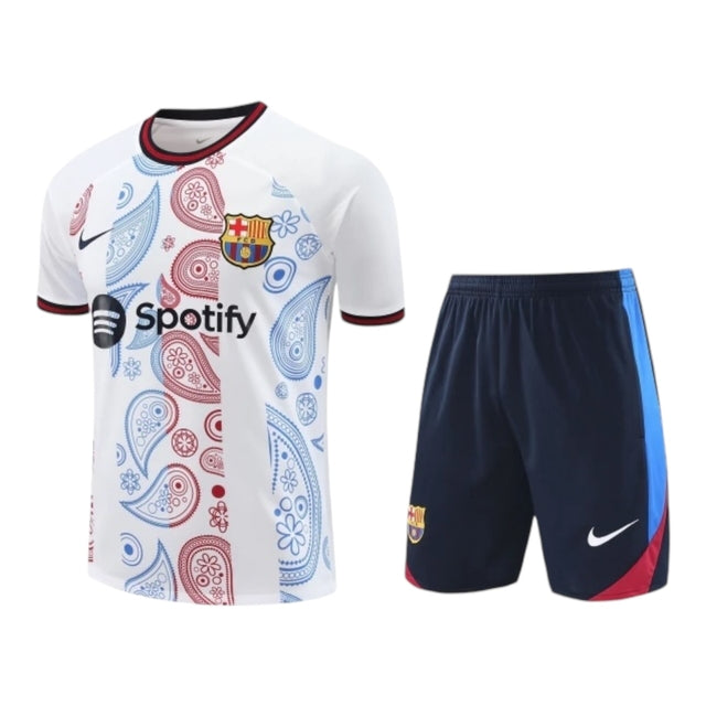 Kit Treino adulto - Camisa e Shorts - Barcelona Nike 24/25 - Branco e azul com detalhes em vermelho