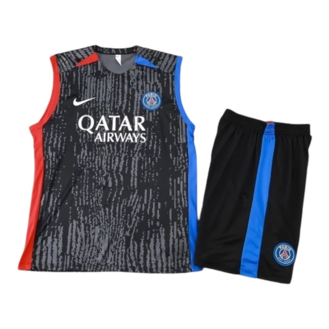Kit Treino adulto - Camisa e Shorts - Paris Saint-Germain Nike 23/24 - Preto com detalhes em azul e vermelho