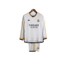 Kit Infantil Real Madrid I manga longa 23/24 - Adidas - Branco com detalhes em preto e amarelo