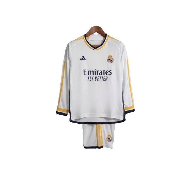 Kit Infantil Real Madrid I manga longa 23/24 - Adidas - Branco com detalhes em preto e amarelo