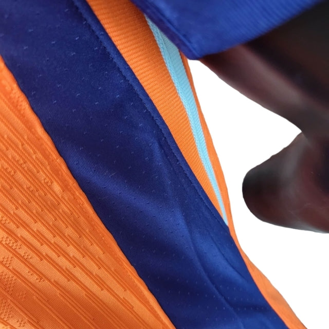 Camisa Seleção da Holanda I 24/25 - Jogador Nike Masculina - Laranja com detalhes em azul