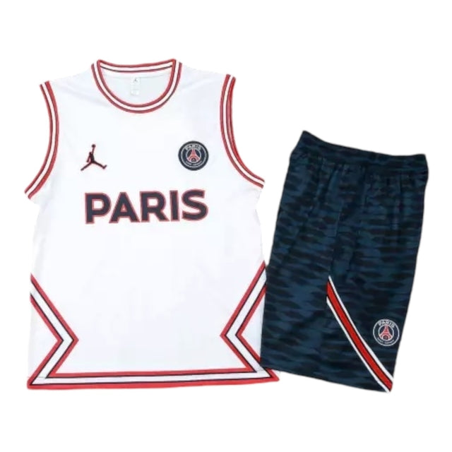 Kit Treino adulto - Camisa e Shorts - Paris Saint-Germain Jordan 23/24 - Branco e azul com detalhes em vermelho