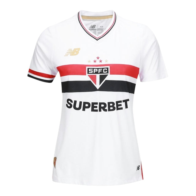 Camisa São Paulo I 25/26 -  New Balance Feminina - Branca com detalhes em vermelho e preto