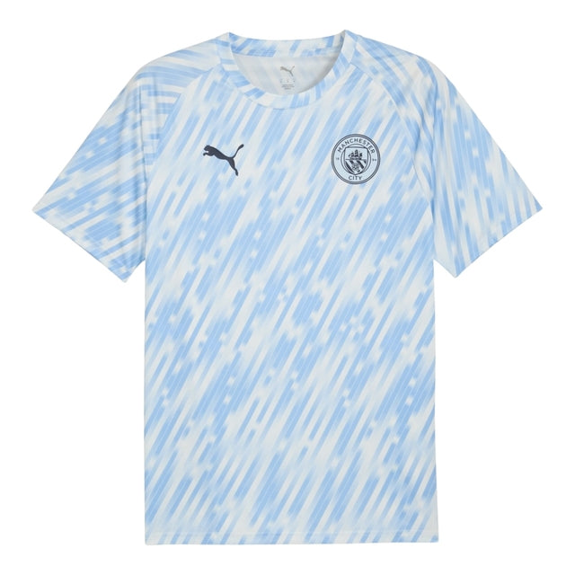 Camisa Manchester City Pré-jogo 25/26 - Torcedor Puma Masculina - Branca com detalhes em azul